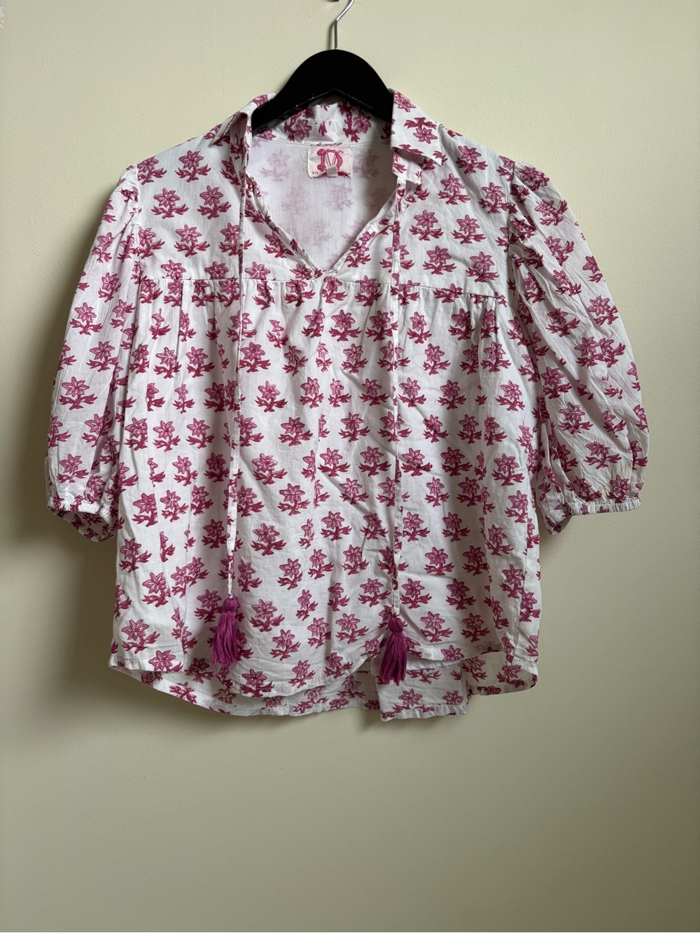 Victoria Dunn White Blouse with Pink Floral Print and Tassel Ties